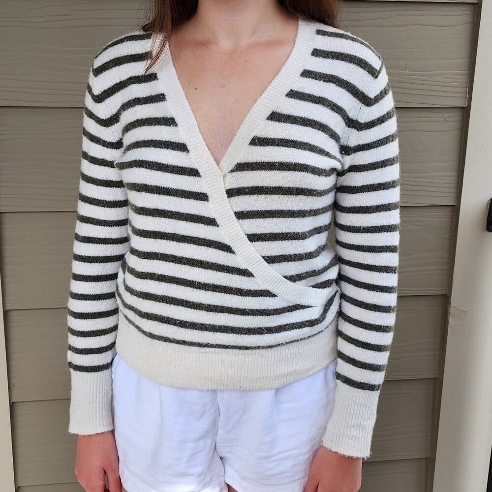 Madewell Elthorne Dark Green Stripe Wrap Front Soft Sweater in Women's Size XS